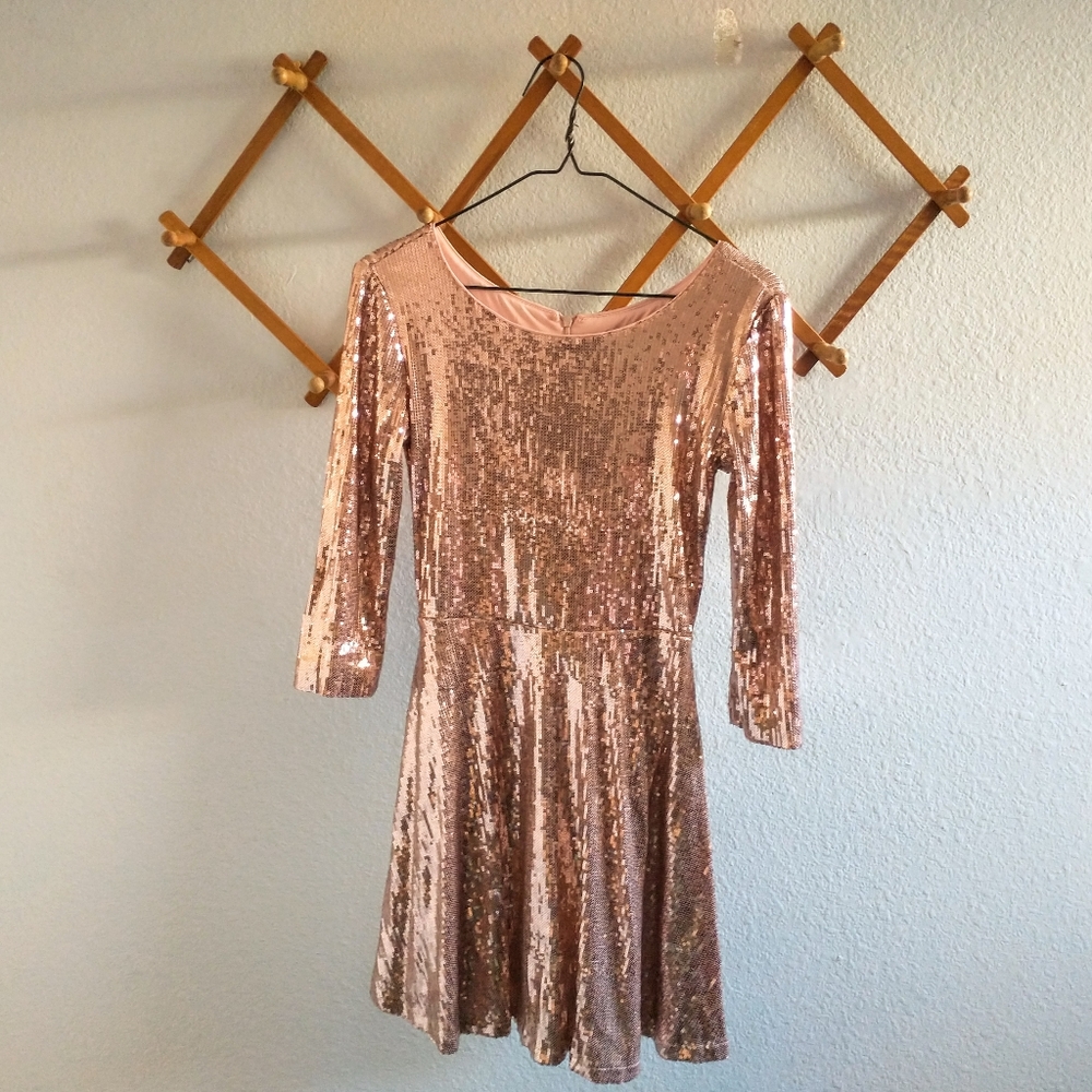 F21 Rose Gold Liquid Sequin Fit & Flare Dress